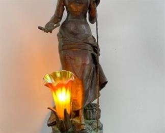 INV #223:                                                                                     Bronze Woman With Fishing Pole  Lamp                                Signed A. Moreau 1898                                                               21.5 inches tall