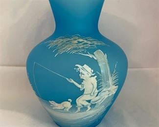 INV #281: Vintage Westmoreland Blue Milk Glass Vase, Boy w/ Dog Fishing Scene