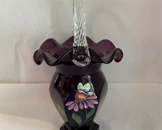 INV #284: Vintage Fenton Purple hand painted glass basket, signed