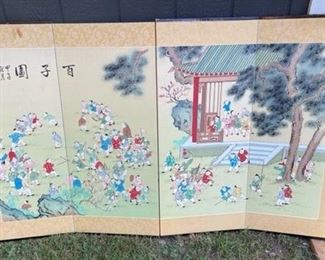 Japanese Byob Signed hand painted Children practicing martial arts 59" x 34-12"