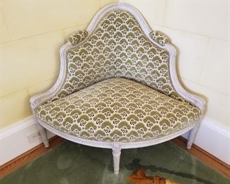 Louis XVI style painted corner banquette upholstered in cut velvet. Note: this item is available, being held offsite and can be seen by appointment.