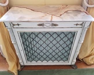 Pair of antique painted Regency style low cabinets w/ onyx tops.