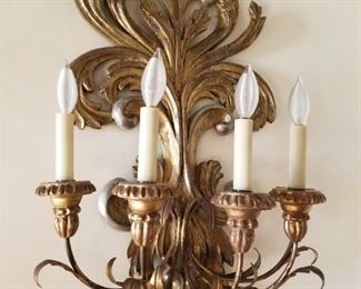Pair of oversized vintage Italian giltwood 4 light sconces. Stored offsite and can be seen by appointment.