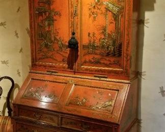 Large Georgian red lacquered Chinoiserie secretary in excellent condition. English c.1850