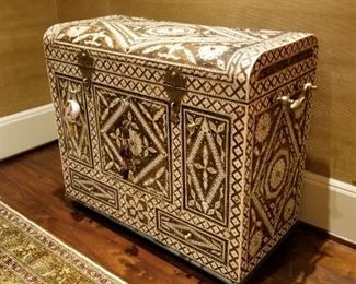 Vintage Indian arge bone inlaid trunk w/brass hardware and clad w/coral & turquoise.