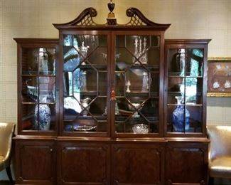 Large lighted Georgian mahogany breakfront w/original glass. English c.1860