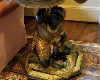 Hand carved polychromed, goldleafed and ebonized kneeling blackamoor pedestal table w/marble top. Venetian c.1845