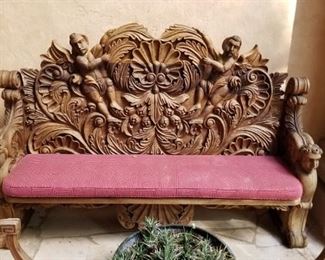 Oversized and ornately carved vintage banquette. Mexican 