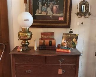 Antique 4-drawer chest, Gone with the Wind lamp, books, art