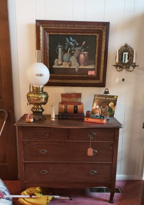 Antique 4-drawer chest, Gone with the Wind lamp, books, art