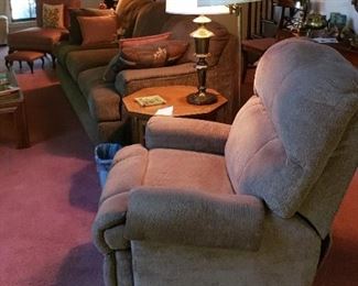 Brown Corduroy sofa, brown recliner, brass lamps, tables