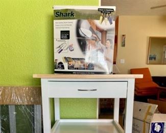 shark steamer cleaner and kitchen butcher block/cabinet