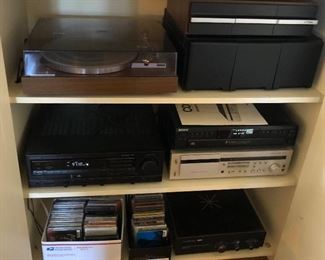 Yamaha YP-211 turntable, Kenwood KR-V6020 A-V stereo receiver, Sony 5-disc CD player (CDP-CE345), Harman Kardon CD 191 cassette deck, BIC FM 10 antenna ("The Beam Box") plus CDs & cassettes (classical, rock/pop & more)