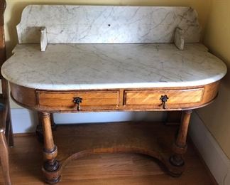 Antique wash stand (work table) with marble top  (46”L, 22”D, 29” high at surface, 38” to top of backsplash)