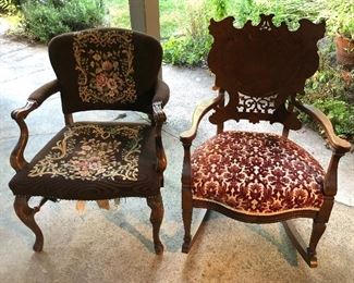 Needlepoint chair, antique rocker (matches settee in last photo)