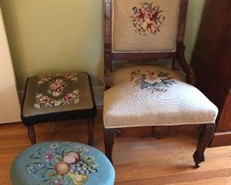 Eastlake needlepoint chair + needlepoint footstools