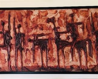 Mid century impasto painting on canvas by Luzon - circa 1960s, signed lower right (framed size 25.5” x 49.5”)