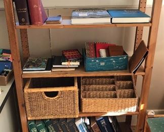 Medical books, storage baskets, journals