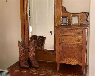 Antique oak dresser with tall mirror (42.5”W, 20.5”D, 84”H to top of mirror)