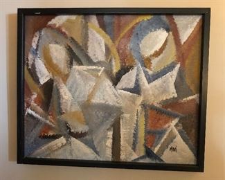Abstract painting on canvas by Mari - purchased in Paris in the early 1970s (framed size 21” x 25”)