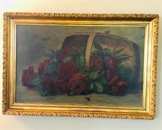 Old oil painting on canvas by N. Aspers in period gilt frame - note bees! 🐝 (framed size 20.5” x 31”)