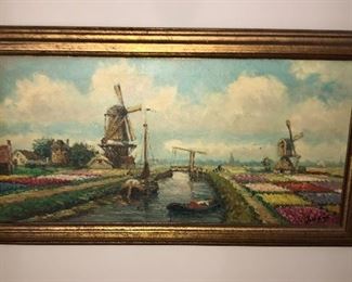 Dutch scene oil painting on canvas (framed size 12” x 22”)