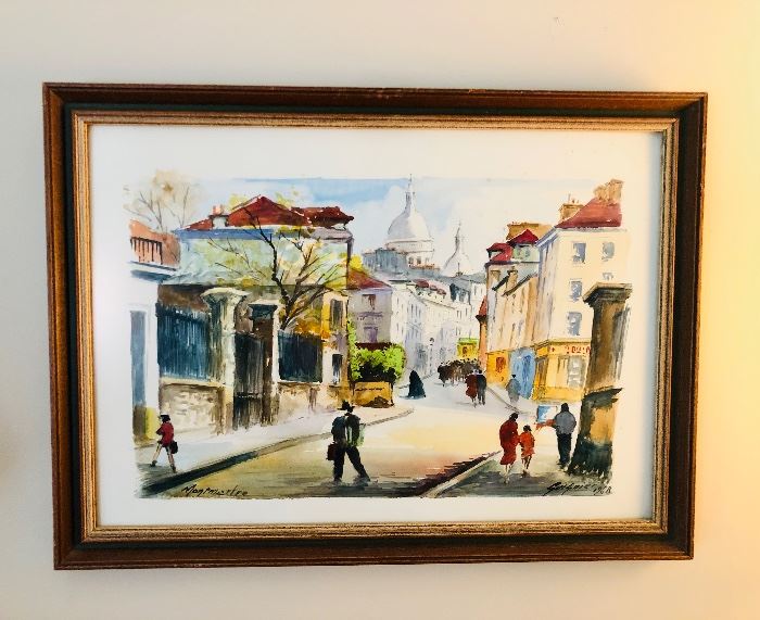 1968 watercolor of Montmartre (Paris) by Fernand Guignier (framed size 13” x 18”)