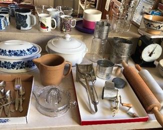 Kitchen items: Pillivuyt & Apilco casseroles (France), Sunkist glass reamer, vintage scale & sifters, rolling pins, mixing bowls & more
