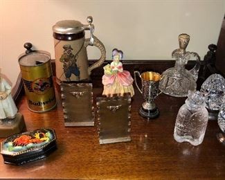 Anri wooden doctor figure, Russian lacquer box, old Budweiser can, Weitz stein, Craftsmen copper bookends, Royal Doulton "Crissie", cut crystal cruet, Waterford crystal eggs, crystal Viking
