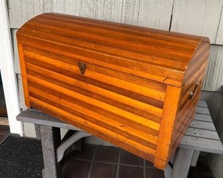 Handmade striped domed wooden chest (28.5”L, 15”D, 17”H)