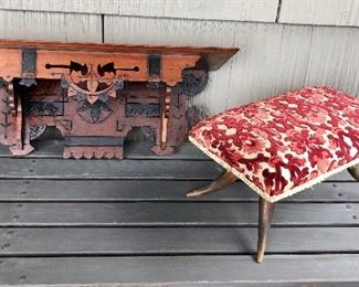 Antique Eastlake wall shelf (24” long), small footstool with horn legs (16” long)