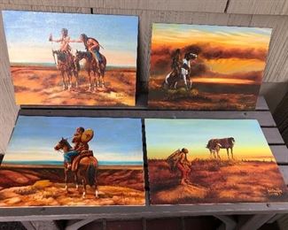 Paintings on board by Montana Native American artist Roscoe White Eagle, dated 1970  (each 12” x 16”)