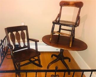 Old child’s rocker & chair, low mahogany oval table (19” x 27” x 18”H)