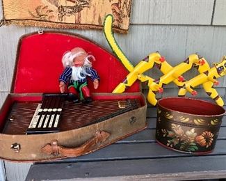 Autoharp with case, Norwegian gnome/elf doll, accordion kitty rack w/ pegs, rosemaling bin