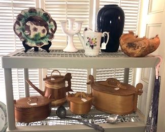 Majolica plate with dog (has big chip), tall Haeger vase, burlwood bowl, tine bentwood boxes, pewter ladles
