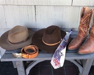 Stetson cowboy hats (size 7 3/8), tooled leather belt w/ Montana buckle, vintage cowboy theme tie, size 11.5 cowboy boots