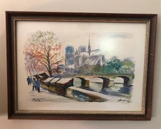 1965 watercolor of Paris (Norte Dame) by Fernand Guignier (framed size 13” x 18”)