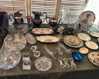 Cut crystal bowls, silver plate hollow ware, more plates
