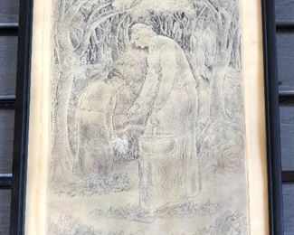 Etching “Mushroom Pickers” by Alexander Masley (Minnesota 1903-1996), image size 7.5” x 9.5”