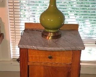 Antique marble top nightstand + green ceramic lamp
