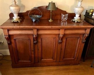Antique sideboard - 2 drawers + 3 doors (58”L, 19”D, surface is 37” high, 46” at top of backsplash)