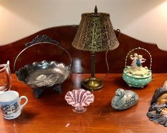 Kosta Boda vase, silver plate bride’s basket, Italian latticino glass dish, Wirecraft lamp, erzgebirge music box, German wood carving