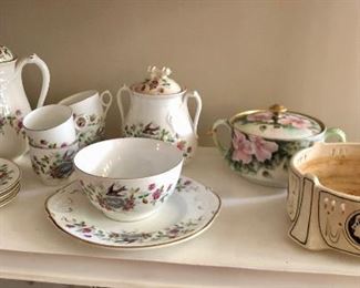 Old hand painted dishes with bird’s nest, Weller “Ethel” console bowl