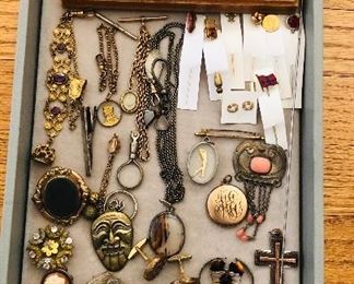 More jewelry - rings, watch fobs, stick pins, David Andersen sterling & enamel pendant