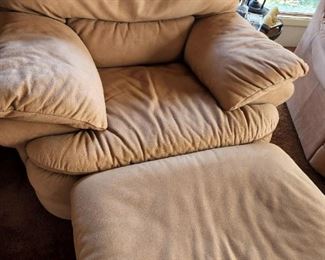 Two Overstuffed Suede Beige Chairs and Ottomons