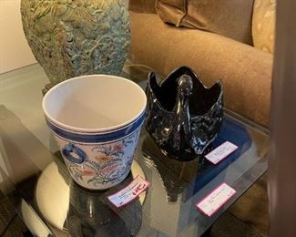 Porcelain Ice Bucket and Blown Glass Swan