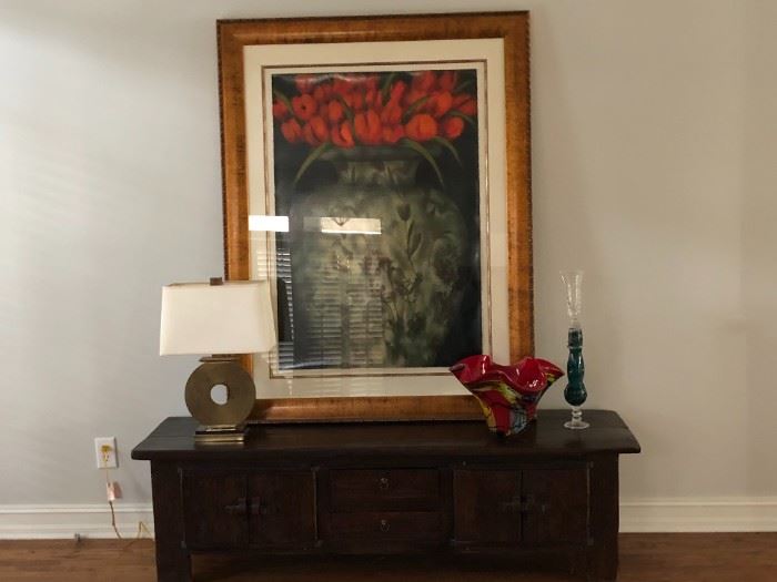 Dark wood Bench and Bomhoff Painting