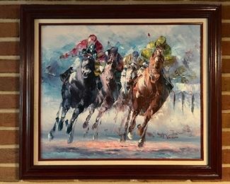 Anthony Vecchio signed "Final Run" horse racing oil on canvas