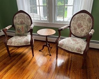 2 Antique Victorian upholstered armchairs with Antique Queen Anne Tilt Top Table