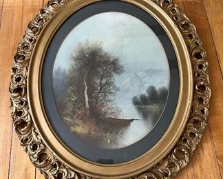 Antique signed pastel on paper oval framed wall art